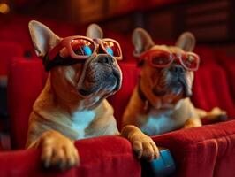 ai gerado dois cachorros estão assistindo filme dentro 3d óculos às a cinema. francês buldogue. foto