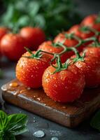 ai gerado fresco cereja tomates com gotas do água em Sombrio fundo foto