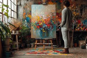 ai gerado criativo pintor é em pé dentro dele oficina e pintura lindo colorida ramalhete. foto