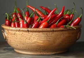 ai gerado vermelho Pimenta pimentas dentro de madeira tigela foto