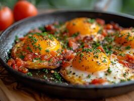 ai gerado frito ovos com tomates e ervas dentro panela foto