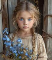 ai gerado pequeno menina com azul olhos detém ramalhete do miosótis. foto
