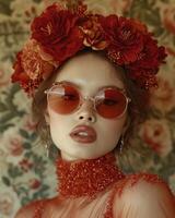 ai gerado lindo jovem mulher com guirlanda do flores em dela cabeça e vermelho oculos de sol foto