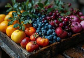 ai gerado fresco frutas dentro de madeira caixa foto