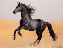 ai gerado Preto cavalo saltos em areia duna em a deserto fundo foto