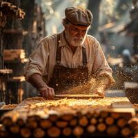 ai gerado Senior masculino carpinteiro ou marceneiro trabalhando com formão e escultura madeira dentro dele oficina foto