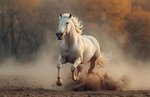 ai gerado branco cavalo corre frente em a areia dentro a poeira em a céu fundo foto