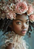 ai gerado jovem mulher com flores dentro dela cabelo foto