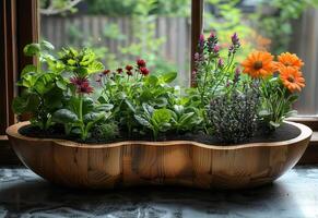 ai gerado de madeira tigela é preenchidas com ervas e flores sentado em mesa dentro frente do janela. foto