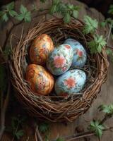 ai gerado Páscoa ovos dentro ninho em de madeira fundo foto