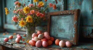 ai gerado colorida Páscoa ovos e flores em de madeira mesa foto