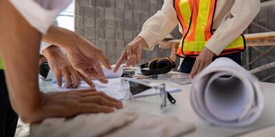 construção conceito do engenheiro ou arquiteto encontro para projeto trabalhando com parceiro e Engenharia Ferramentas em construção e projeto dentro trabalhando local foto