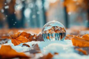 ai gerado cristal bola captura a essência do cair, refletindo árvores no meio uma tapete do dourado folhas foto