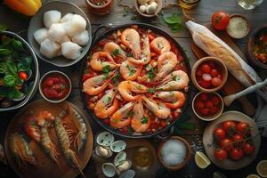 ai gerado topo Visão do uma rústico mesa conjunto com tradicional italiano frutos do mar pratos foto