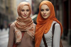 ai gerado vibrante selfie do muçulmano mulher grupo. gerar ai foto