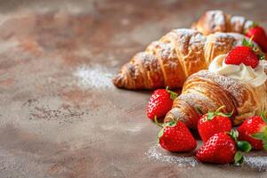 ai gerado croissants com creme e morangos em uma bege texturizado fundo com cópia de espaço. caseiro cozimento foto