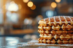 ai gerado caseiro waffles mentira dentro uma pilha em a mesa contra a pano de fundo do uma embaçado cozinha foto