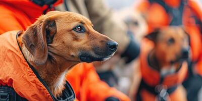 ai gerado procurar e resgate cachorros em uma em uma resgate missão. bandeira com cópia de espaço foto