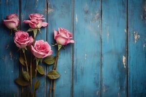 ai gerado colorida Rosa rosas azul de madeira. gerar ai foto