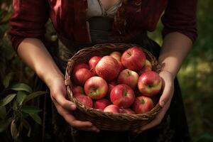 ai gerado abundante vermelho maçãs cesta. gerar ai foto