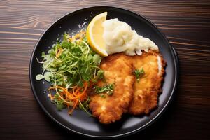 ai gerado crocantes carne de porco schnitzel cogumelo placa. gerar ai foto