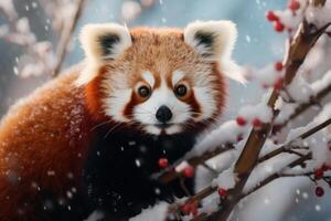 ai gerado vibrante vermelho panda inverno pele. gerar ai foto