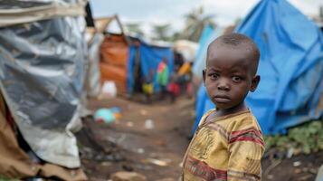 ai gerado internacional dia do a africano criança, retrato do uma pequeno africano garoto, triste olhar, pobre africano Vila foto