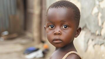 ai gerado internacional dia do a africano criança, retrato do pequeno afro garotas, triste africano garoto, em a fundo do uma argila cabana foto