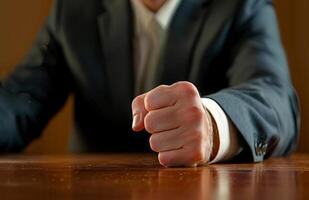 ai gerado o negócio homem tem dele punho cerrado em mesa, trabalho dia imagem foto