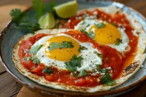 ai gerado simples mexicano Tortas e ovos dentro tomate molho, mexicano pratos cenário foto