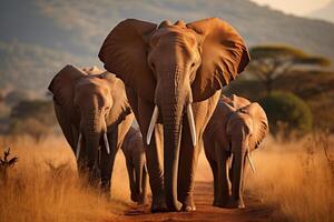 ai gerado uma grupo do majestoso elefantes anda em ao longo a africano savana, mundo animais selvagens dia foto