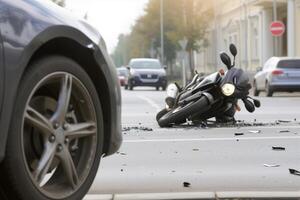 ai gerado uma motocicleta caiu para dentro uma carro em uma cidade rua, acidente do a carro e a motociclista foto