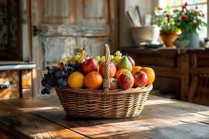 ai gerado cesta com fresco frutas em de madeira mesa dentro cozinha, fechar-se foto