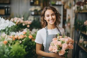 ai gerado lindo jovem florista segurando ramalhete do flores dentro flor fazer compras foto