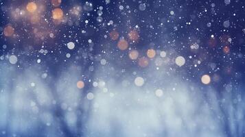 ai gerado Natal fundo, azul flocos de neve, borrão, bokeh foto