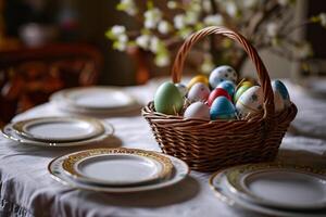 ai gerado multicolorido Páscoa ovos em pratos em uma belas servido mesa, Páscoa humor foto