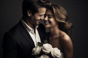 ai gerado elegante lindo casal com uma ramalhete do branco rosas, fidelidade, amor, dia dos namorados dia foto
