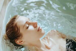 ai gerado jovem mulher desfrutando uma relaxante feriado dentro uma jacuzzi. relaxamento e conforto durante água procedimentos. foto