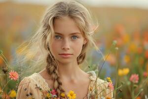 ai gerado retrato do uma fofa pequeno menina dentro uma campo com flores silvestres, verão humor foto