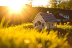 ai gerado miniatura casa em a Prado dentro a raios do a configuração Sol foto