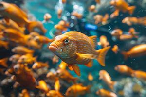 ai gerado amarelo exótico peixe embaixo da agua dentro uma escola do peixe foto