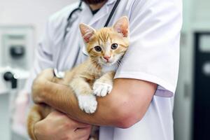 ai gerado veterinário segurando uma gengibre gatinho dentro dele mãos. animal Cuidado conceito foto