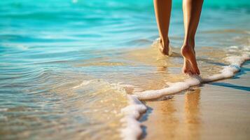 ai gerado fechar-se do fêmea pernas caminhando em a mar de praia foto