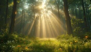 ai gerado verão brilho do sol dentro a madeiras floresta panorama com flores foto