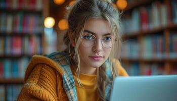 ai gerado biblioteca Aprendendo fêmea aluna estudando com computador portátil foto