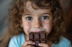 ai gerado criança pequena com chocolate foto