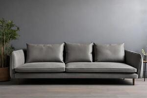 ai gerado sofá em cinzento chão cimento parede foto