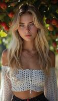 ai gerado retrato do uma adorável jovem Loiras mulher dentro uma branco polca ponto blusa em meio a verão exuberante fruta árvores foto