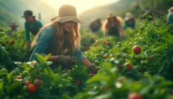 ai gerado fruta colheita dentro verão pessoas em plantação foto