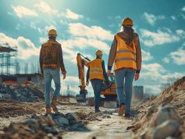 ai gerado realista diverso equipe do masculino e fêmea caminhando dentro a construção local foto